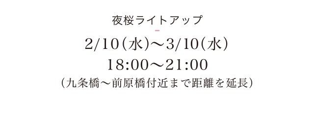 ＜夜桜ライトアップ＞2/10（水）〜3/10（水） 18：00～21：00（九条橋〜前原橋付近まで距離を延長）